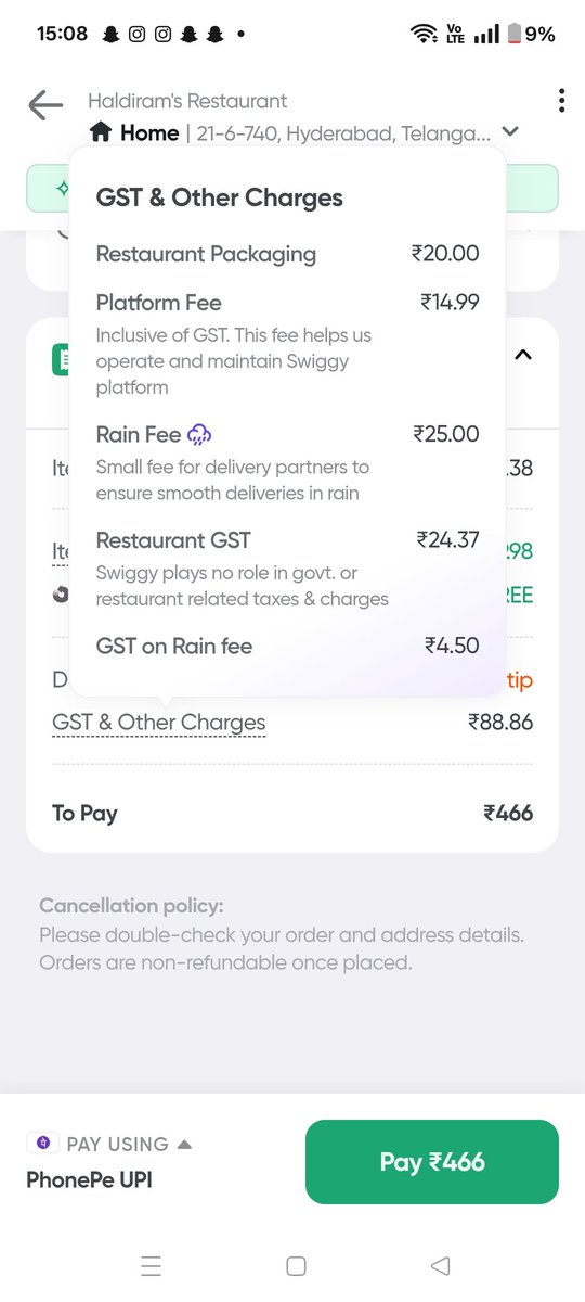 gngupta91's tweet photo. Thinking of quitting @Swiggy. @zomato seems like the better option lately.
Clear skies in Hyderabad but still getting charged a 'rain fee' — and yes, there's #GST on the rain fee too.
Multiple extra charges for no reason. What a joke. 😂☁️💸

#swiggy @SwiggyCares https://t.co/LQHN60QSHw