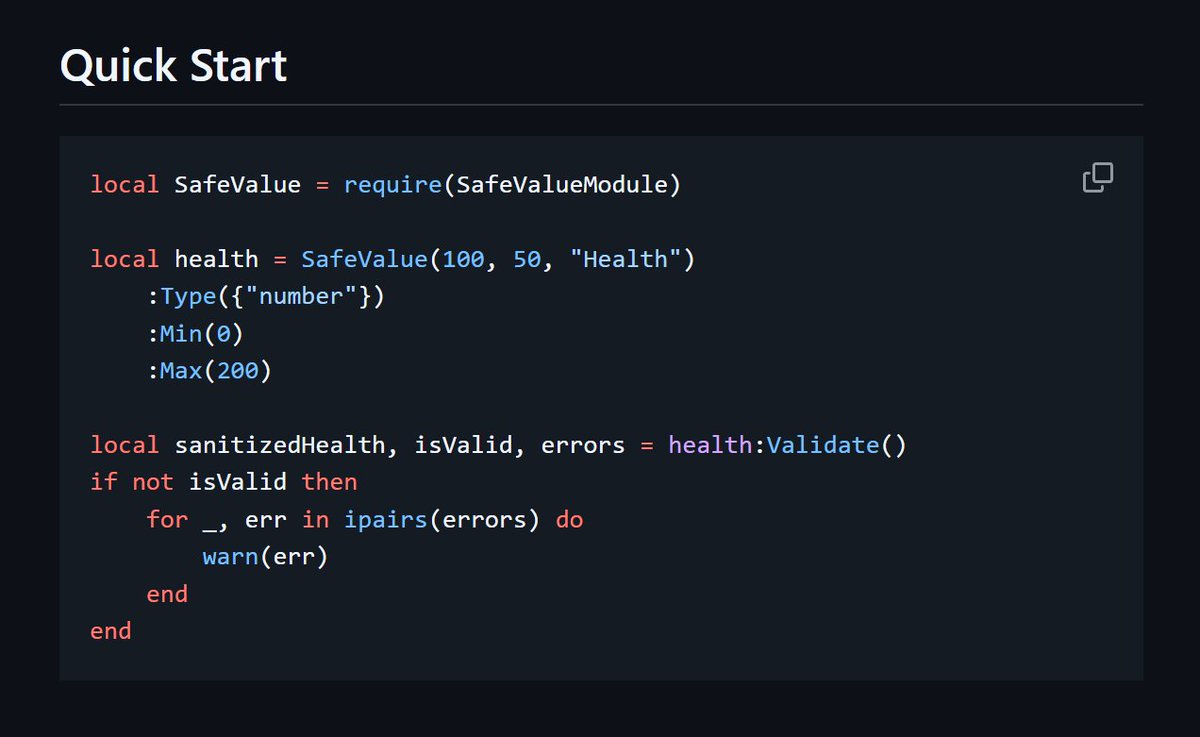 ScriptoMatrix's tweet image. Round 2⃣, because the first post went stealth mode.🙃
🚀 Just released SafeValue – fluent Luau Value validation for Roblox developers! github.com/scriptomatrix/… 📷 Roblox Asset Store: create.roblox.com/store/asset/11… #ROBLOX #RobloxDev #gamedev
