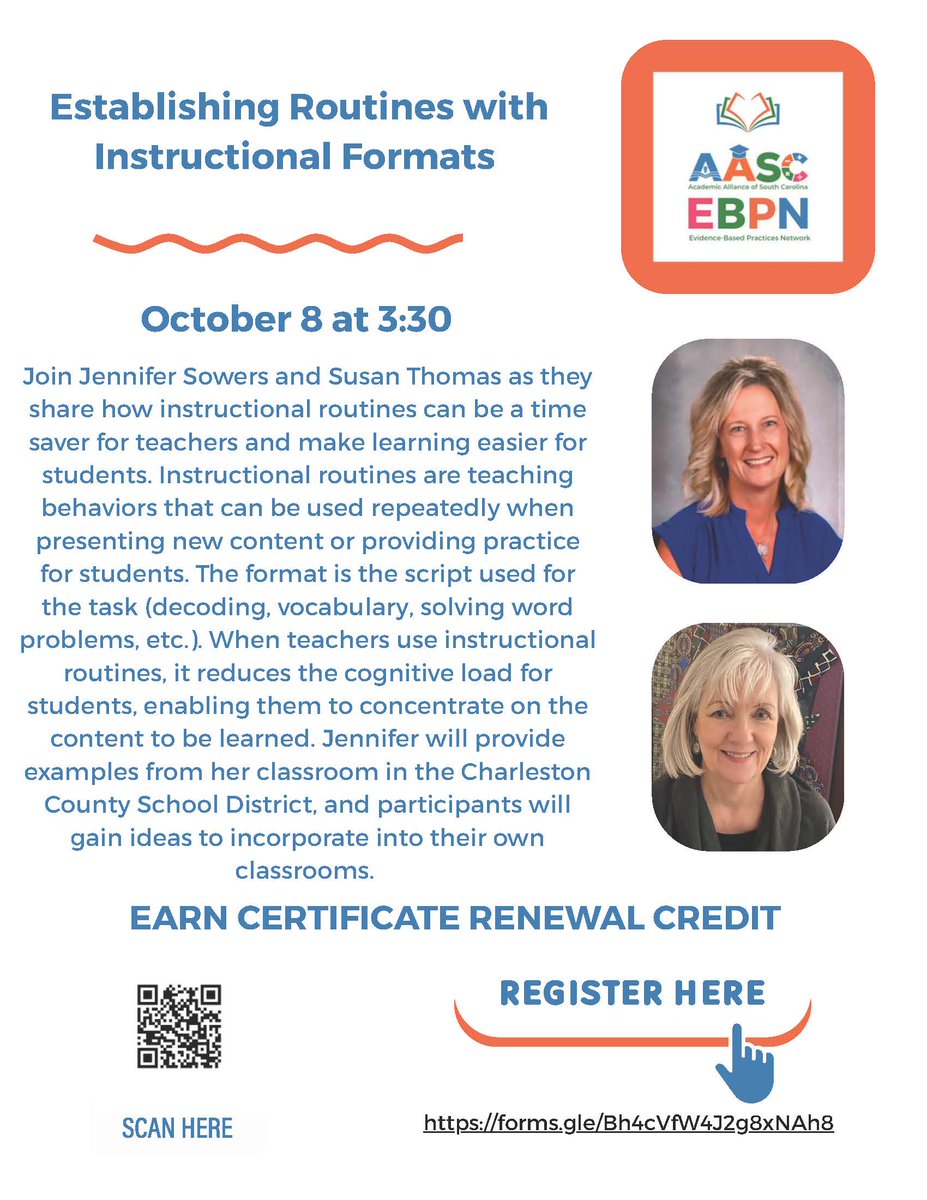 Using consistent instructional routines and formats helps reduce students’ cognitive load, allowing them to focus on the content they need to learn. Join our October Evidence-Based Practices Network to network and learn about implementing these in the classroom.  To register scan