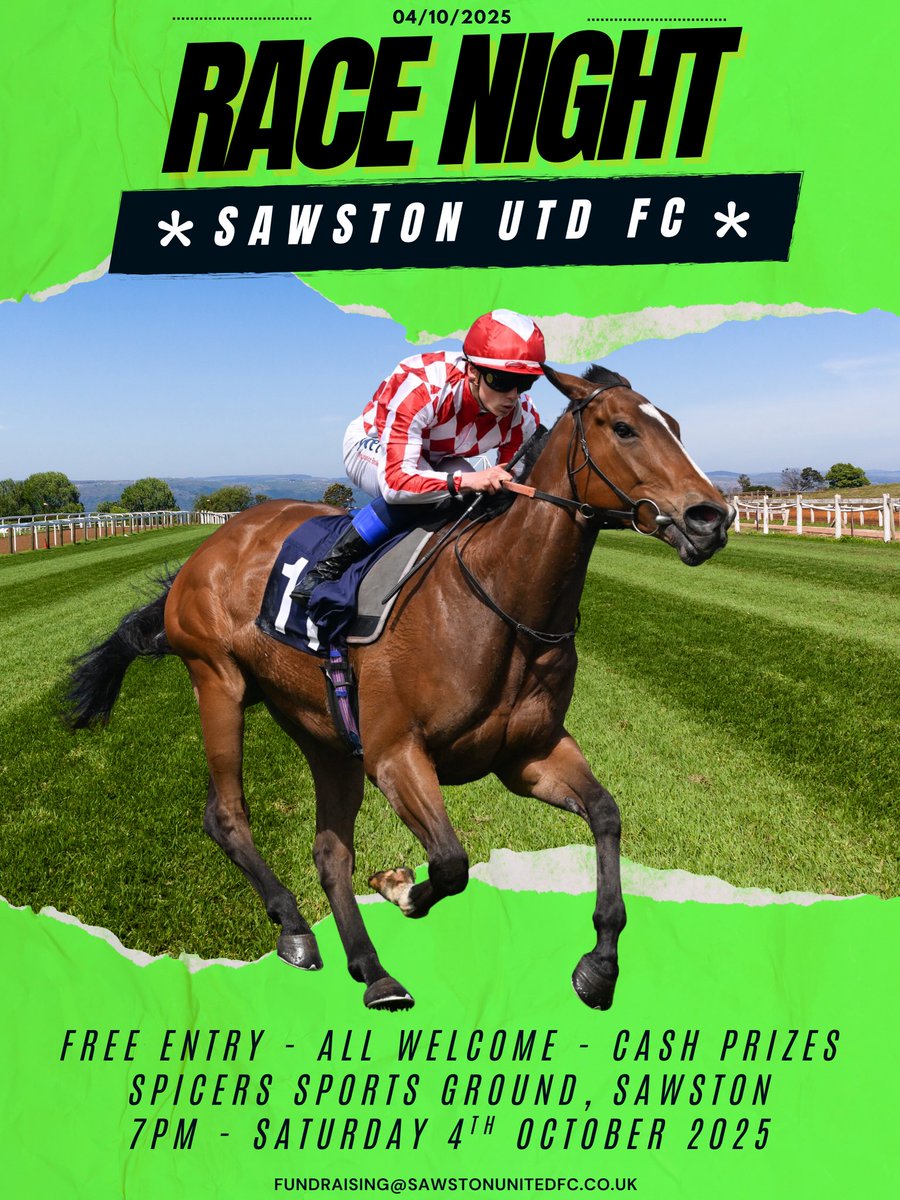 We are hosting a Race Night with Ronnie Booth this Saturday at Spicers Pavilion. 

Come along to support the event and more importantly have some fun 🏇🏽🟢⚫️ #SUFC #SawstonUnitedFC #Football #RaceNight 
💚🖤⚽️