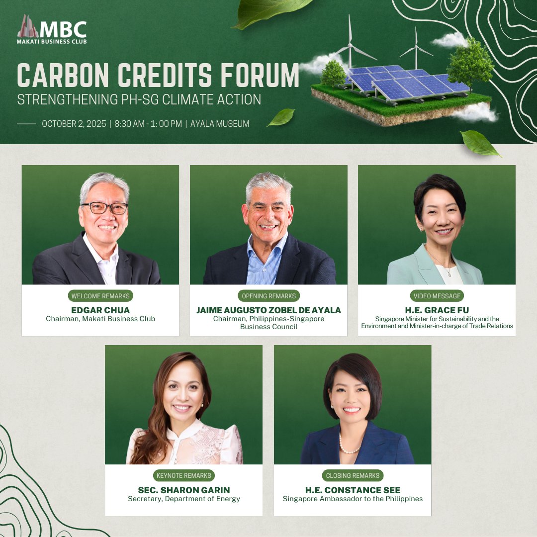 MEET THE KEYNOTE SPEAKERS

Meet the Keynote Speakers for the High-Level Forum on Carbon Credits: Strengthening Philippine-Singapore Collaboration for Climate Action on October 2.

Know more about the event here (REGISTRATION IS NOW CLOSED): mbc.com.ph/mbc-carbon-cre…

#MBC