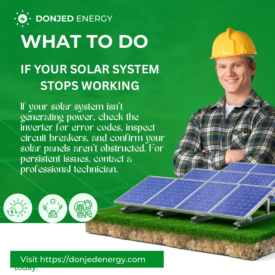DonjedEnergy's tweet image. Solar Not Working?

Check your inverter for errors, inspect circuit breakers, and make sure panels are not blocked. Still not working? Call a professional. 

#SolarTips #RenewableEnergy #HomeTech