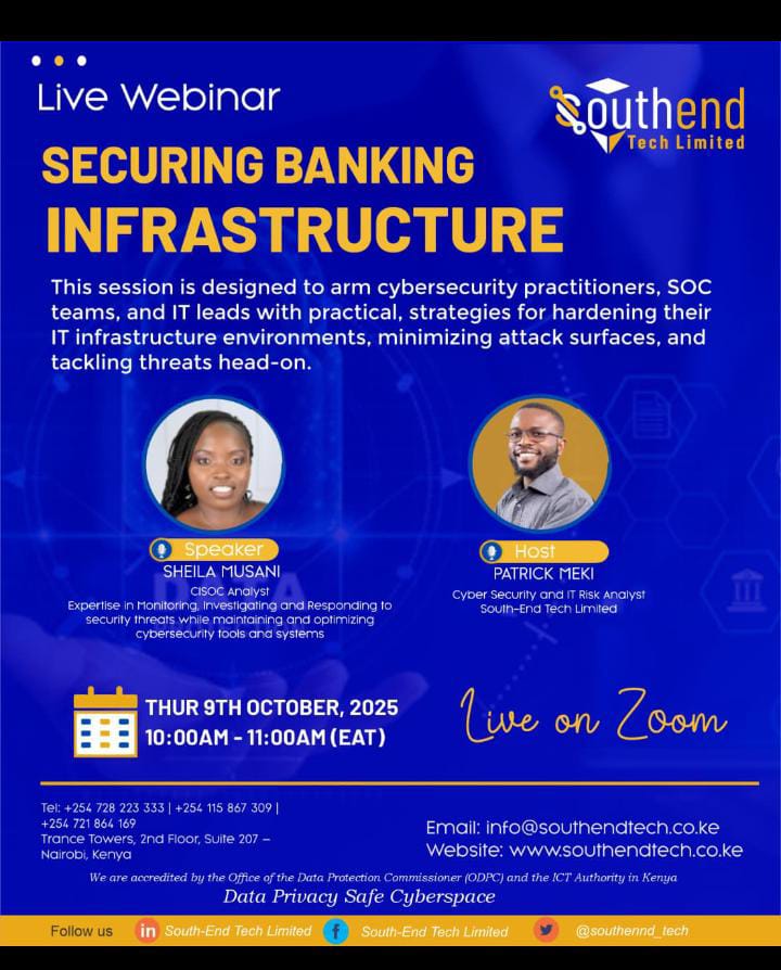 southend_tech's tweet image. Don’t miss our Live Webinar on Securing Banking Infrastructure!
9th Oct 2025 
10:00AM – 11:00AM (EAT)
Register here:us06web.zoom.us/meeting/regist…
Learn practical strategies to strengthen IT systems &amp;amp; fight threats head-on.
#CyberSecurity #Webinar #SouthEndTech