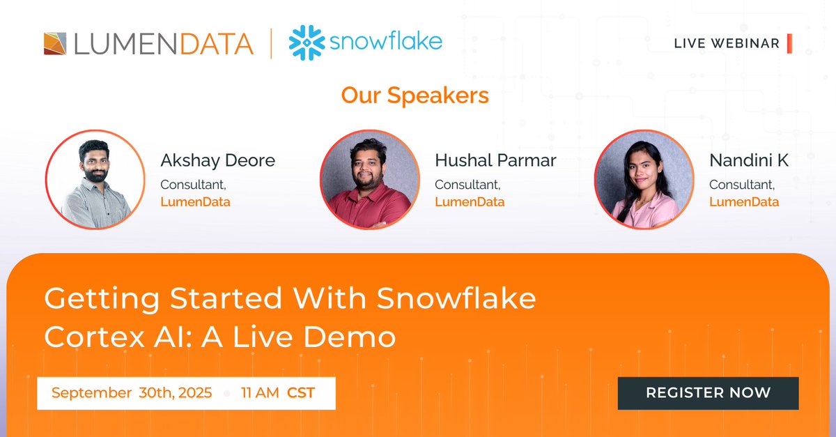 LumenData's tweet image. Just 1 Day to Go!
Don’t miss LumenData’s live demo of Snowflake Cortex AI tomorrow (Sep 30 | 11 AM CST). See how AI simplifies workflows and unlocks real-time insights.

Save your spot now: lumendata.zoom.us/webinar/regist…

#snowflake #cortexai #enterpriseai #datainnovation  #lumendata