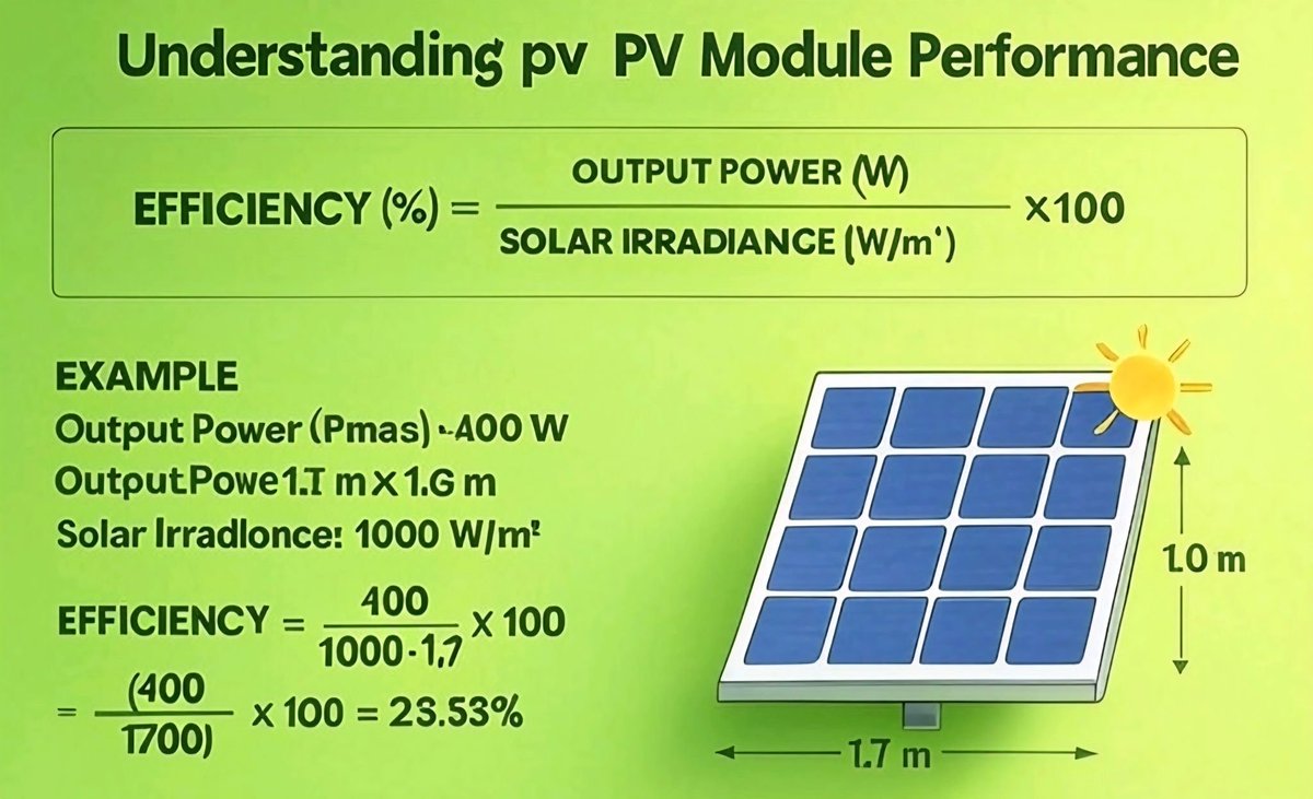 tahaalasemi's tweet image. Understanding #PV_Module Performance 

The efficiency of a (PV) module tells us how effectively it converts sunlight into usable electricity. It depends on 3 main factors:
✅ Output Power – The actual electricity generated by the solar panel.
✅ Panel Size   
✅ Solar Irradiance