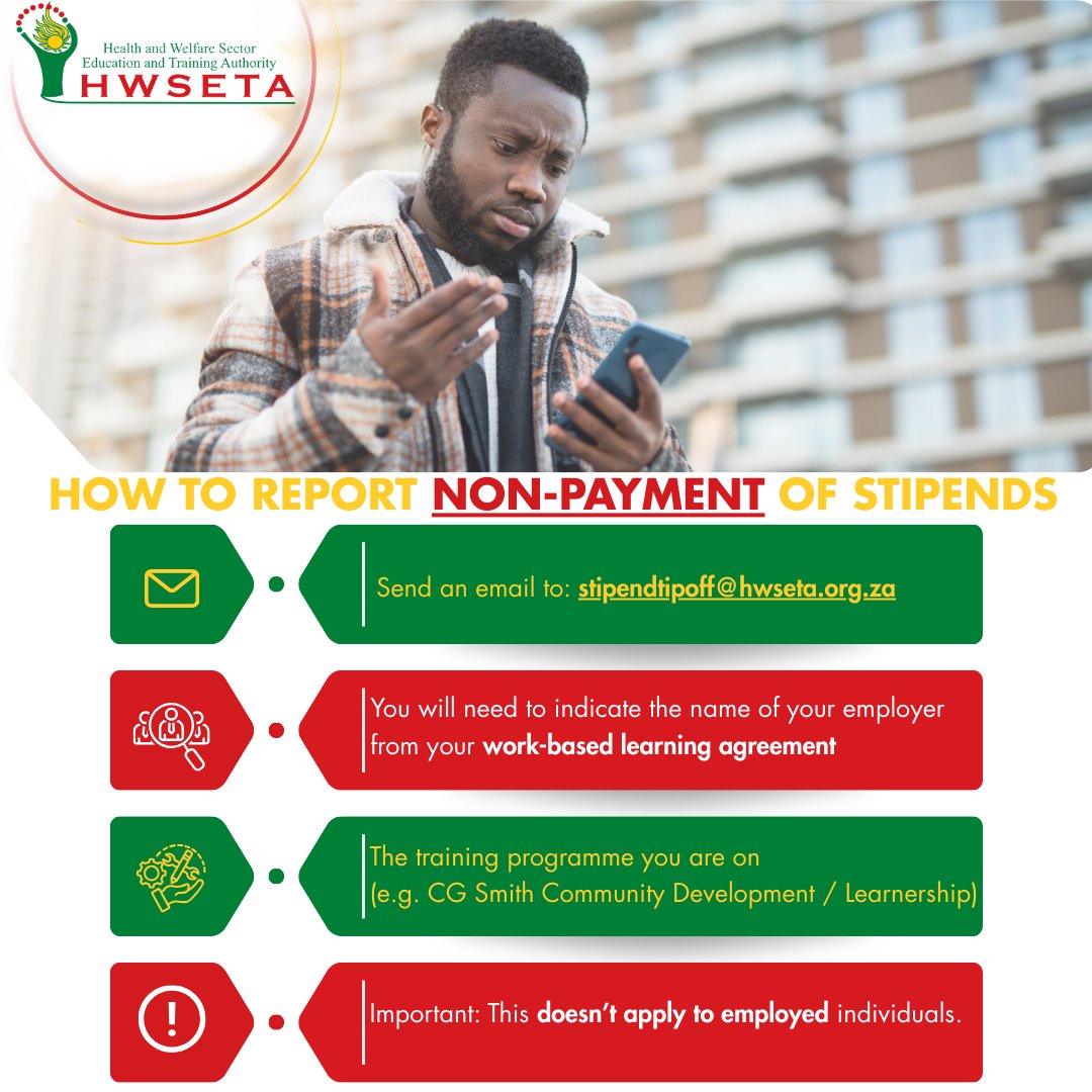 📢 Attention SETA-funded learners

If you are unemployed and on a funded training programme, remember: 
⏳ You must report any non-payment of stipends to the HWSETA within 7 days of your agreed monthly payment date. 
 
#SkillsDevelopment