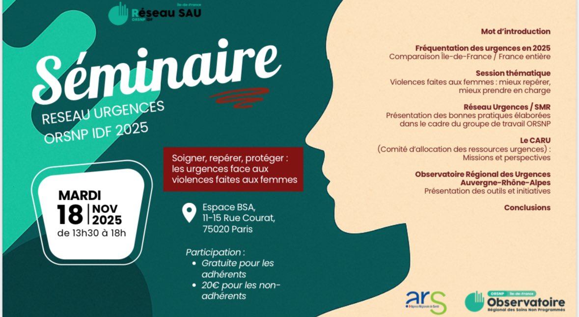 ORSNP_IDF's tweet photo. 📅 18 nov. 2025 | 13h30-18h / Paris 20e Séminaire #ORSNPIDF
Thème : « Soigner, repérer, protéger : les urgences face aux violences faites aux femmes »
👥 Analyses, bonnes pratiques, interventions CARU &amp; ORU AURA
👉 Inscriptions : https://t.co/FRzgwWkjVY
#Urgences 
@wargonm https://t.co/yoc4dJ5uNH