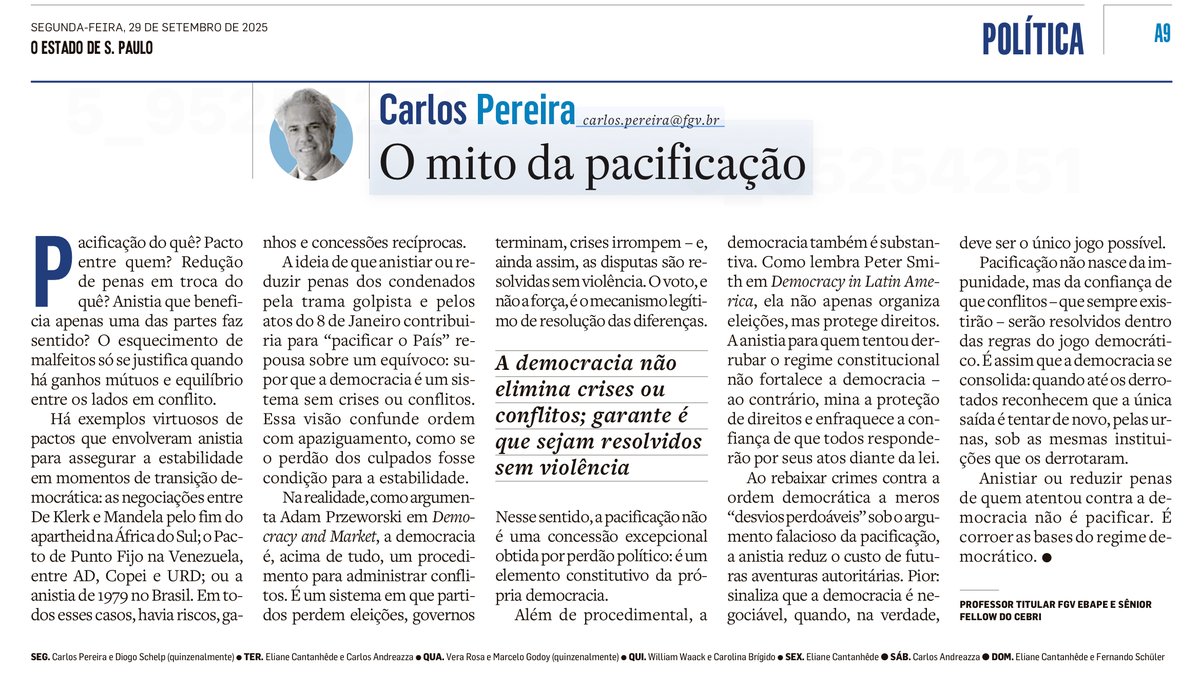 📌 Nova coluna no <a href="/Estadao/">Estadão 🗞️</a> : “O mito da pacificação”
A democracia não é ausência de crises, mas a capacidade de resolvê-las sem violência.
Por isso, anistiar os envolvidos no 8 de janeiro não é pacificar: é corroer as bases do regime democrático.