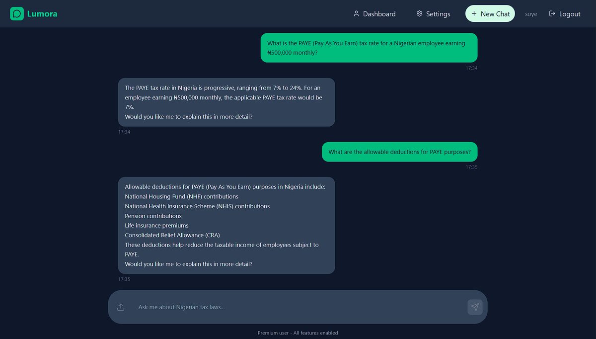abisoye_dev's tweet photo. A few weeks ago, my partner @godwin_dht and I built Lumora during the @AltSchoolAfrica Hackathon.

Lumora is a platform designed to educate Nigerian business owners and individuals on tax laws and business regulations. Our goal is to make accurate, accessible information available to everyone—reducing ignorance, ensuring compliance, and helping users avoid penalties.

I led the frontend development, creating a clean, simple, and highly usable chatbot interface that makes navigating tax information intuitive.

Under the hood:

Backend: Python + FastAPI

AI workflows: LangChain managing LLM pipelines

Semantic search: Pinecone vector database across official resources

Model: OpenAI powering our RAG (Retrieval-Augmented Generation) setup

Frontend: React + Vite

How it works: The system intelligently decides whether to answer from its trained knowledge or pull supporting information from official tax documents—ensuring users get accurate, up-to-date guidance for their specific situations.

We’re still awaiting hackathon results, but we’re excited about the potential impact for Nigerian entrepreneurs.

Check it out here: https://t.co/ovor3AP0vV