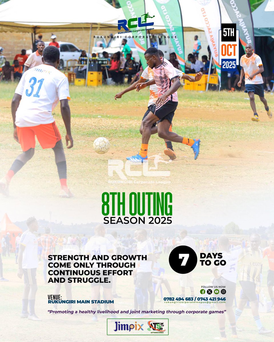 RCL ALERT
7 days to RCL Sunday 
🗓 05/10/2025
🏟 Rukungiri Main Stadium 
 ✅ Free entry for the general public 
#RukungiriCorporateLeague2025