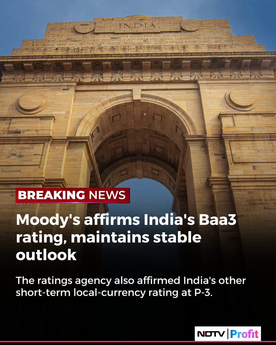 NDTVProfitIndia's tweet photo. Moody's Ratings affirms Government of India's long-term local and foreign-currency issuer ratings and the local-currency senior unsecured rating at #Baa3.

Read more: https://t.co/juRPeGsOq5 https://t.co/LuerXMpoxB