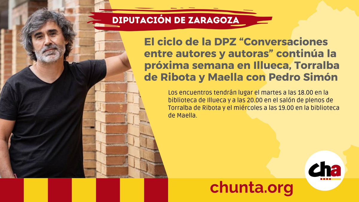 📚 El ciclo de la DPZ “Conversaciones entre autores y autoras” continúa la próxima semana en Illueca, Torralba de Ribota y Maella con Pedro Simón

Será el martes a las 18 en Illueca y a las 20 en Torralba de Ribota y el miércoles a las 19 en Maella

🔗 chunta.org/el-ciclo-de-la…