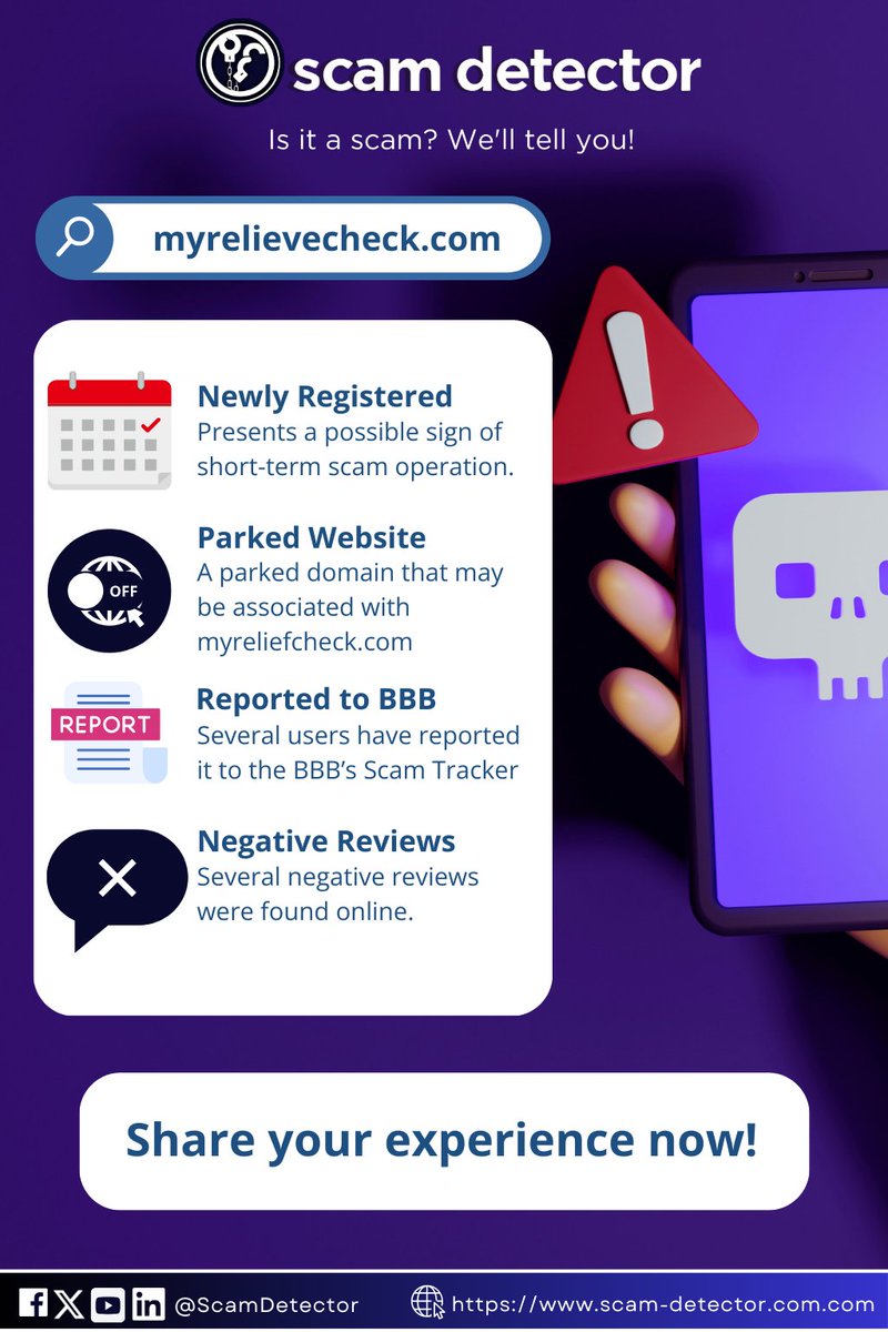 ScamDetector's tweet image. Is myrelievecheck[.]com legit? Learn key security tips to identify online scams before you click. 

Full validation report 👉 scam-detector.com/validator/myre…

#scamdetectorvalidator #securitytips #validationreport