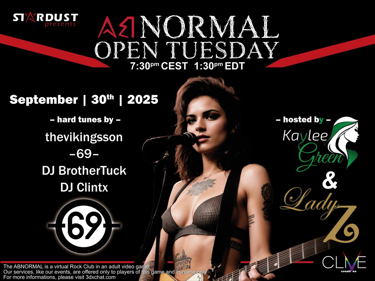 Abnormal3dx's tweet image. Join us this Tuesday at Roses Howl to enjoy an amazing lineup. We'll have thevkingsson, an incredible new band -69- started by DJ Incognito (Maya), as well as DJ Brother Tuck and DJ Clintx from the Orion Band.  Doors open at 7:30pm CEST. #Abnormal #Rock @Stardust3dx @3dxchat