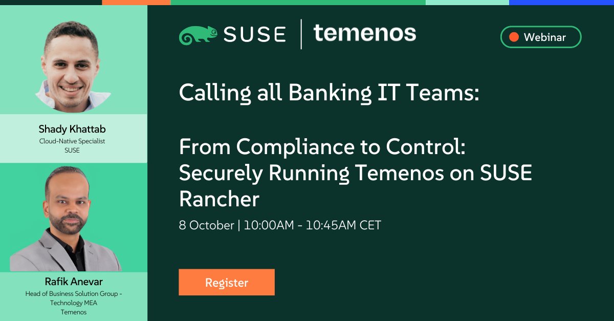 🤔 Jak zmodernizować bankowość z wbudowaną zgodnością z przepisami? Temenos i SUSE Rancher oferują skuteczne rozwiązanie 🎉 Szczegóły na webinarze 8 października.  

🔗Program i rejestracja:  okt.to/IyFd6S