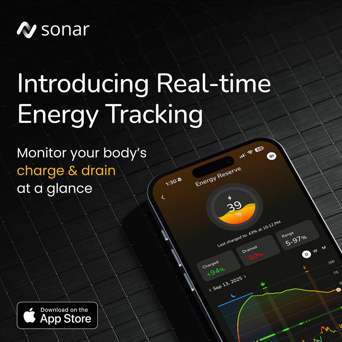 Sonar_Health's tweet photo. Introducing Energy Reserve — real-time energy tracking in Sonar. See how your energy rises and falls throughout the day, and know when to push or recharge. Now available on iPhone, Apple Watch, and widgets.

Check it out on the App Store: https://t.co/rdKHQzut07 https://t.co/sQrgxggwjP