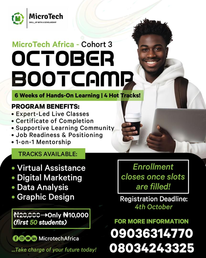 vicagraphiks's tweet image. 𝗪𝗵𝗲𝗻 𝗗𝗲𝘀𝗶𝗴𝗻 𝗠𝗲𝗲𝘁𝘀 𝗧𝗲𝗰𝗵 𝗖𝗮𝗿𝗲𝗲𝗿𝘀
I was excited to create this flyer for the MicroTech Africa October Bootcamp!
The goal was to clearly present the incredible value,
#TechDesign #Vicagraphics #MicroTechAfrica #OctoberBootcamp #SkillUp #DataAnalysis #Graphic