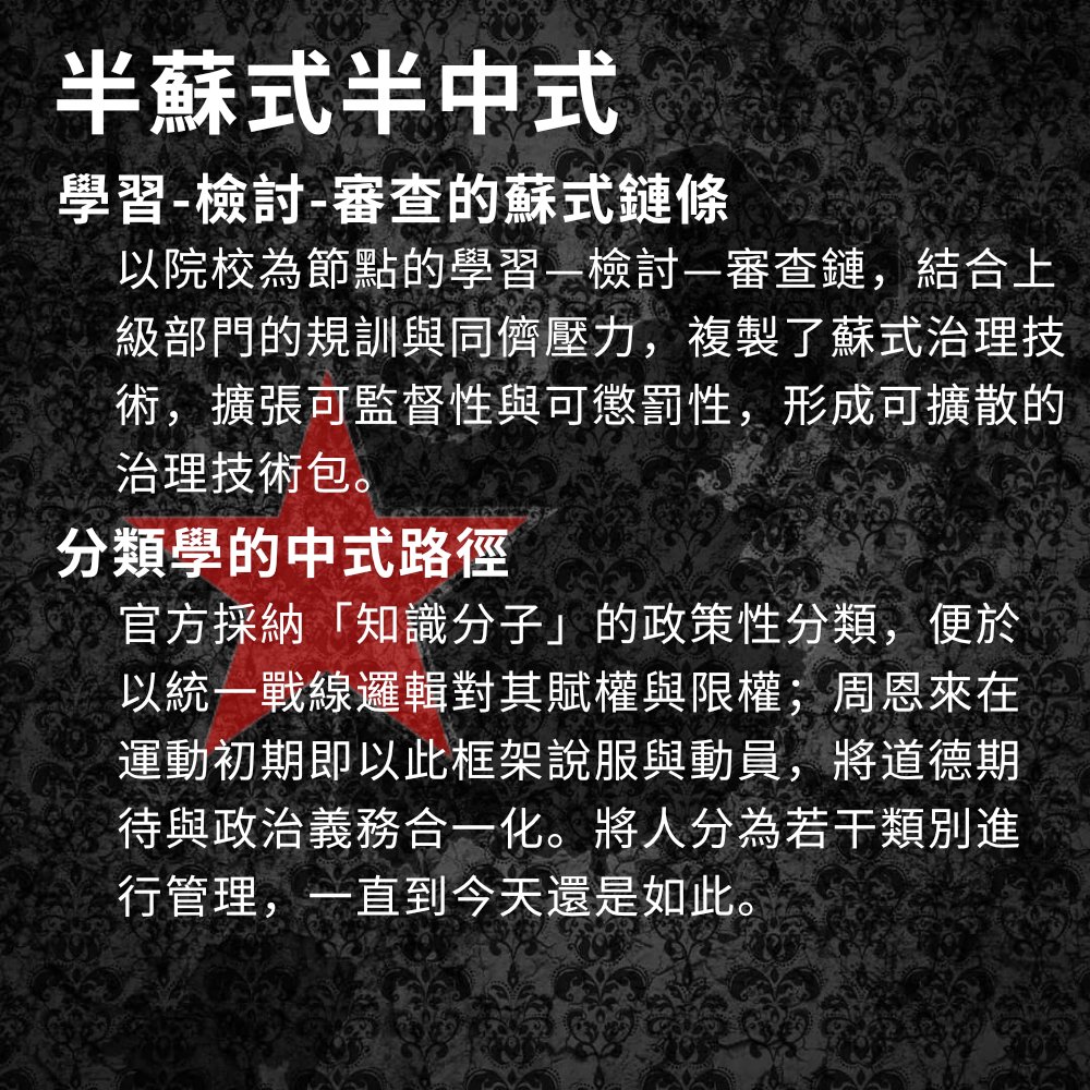 1951年9月29日, 中國在建國兩年後開始對知識分子下手, 周恩來發表《關於知識分子的改造問題》, 掀起知識分子思想整肅的浪潮. 採用集中學習-公開交待-人人過關的模式以羞辱方式改造知識分子的思想. 其路徑延續到今天.
#极权中国史历史上的今天