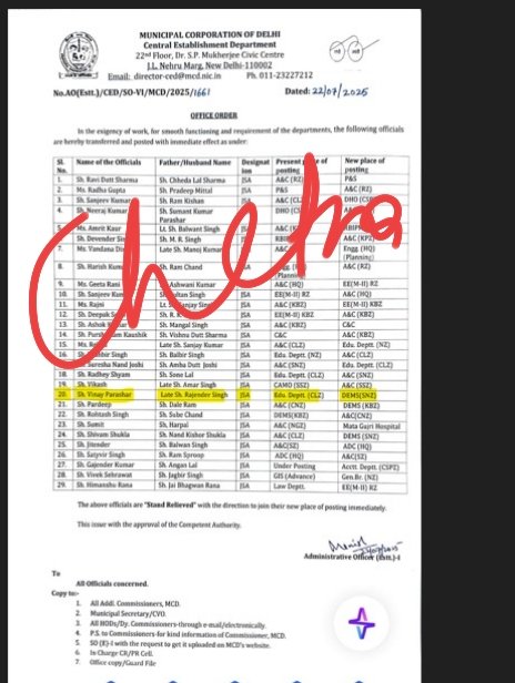 दिल्ली नगर निगम के निगमायुक्त  अश्वनी कुमार साहब जरा थोड़ा ध्यान दे।आपके ऑर्डर का कर्मचारी मजाक बना रहे है।और आप इससे बेखबर है।ऑर्डर डेम्स में काम करने के दिए गए लेकिन काम जनरल ब्रांच में किया जा रहा है।शाहदरा नॉर्थ जोन में डेम्स के लिए भेजे गए विनय पराशर बाबू डेम्स में काम न
