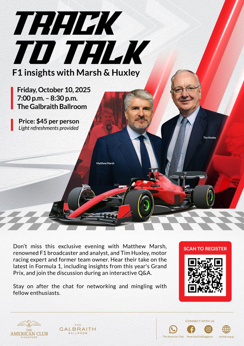#Formula1 fans in Singapore 🇸🇬 — join us!📅 Oct 10, 7–8:30PM📍 The American Club Singapore.  A fireside chat on what the #SingaporeGP revealed about F1 in 2025 + a look ahead to the final 6 rounds. Personalities, politics &amp; the business of the sport. Non-members welcome.
