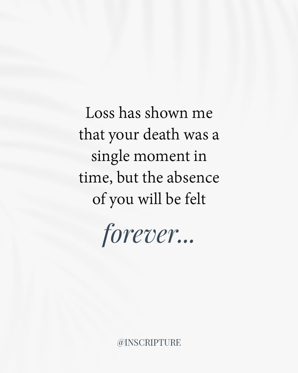 Your death was just a single moment in time but the feelings you left behind, the absence in my heart, the ache, the love, the memories… those are forever 💔

inscripture.com

#griefjourney #griefawareness #lifeafterloss #griefquotes