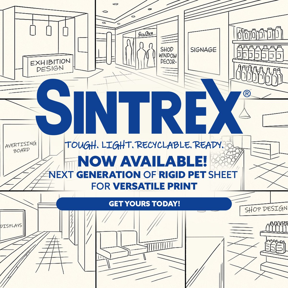 PyramidDisplay's tweet image. The next generation of display materials is here
SINTREX® is a lightweight rigid PET sheet that’s tough, recyclable and built for versatile print.
Now available from Pyramid Display Materials.

👉 Learn more: eu1.hubs.ly/H0nq8Vm0

#SINTREX #3AComposites #SustainablePrint