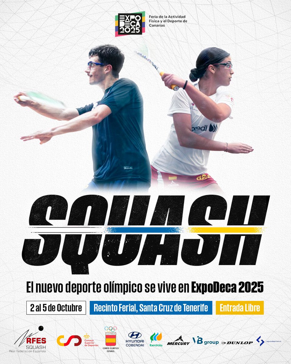 ℹ️ ¡El nuevo deporte olímpico se vive en 𝐄𝐱𝐩𝐨𝐃𝐞𝐜𝐚 𝟐𝟎𝟐𝟓! 🇮🇨

¿Quieres conocer a fondo el squash? Pásate por nuestro stand, del 2 al 5 de octubre, en la fiesta del deporte canario que se celebrará en el Recinto Ferial.