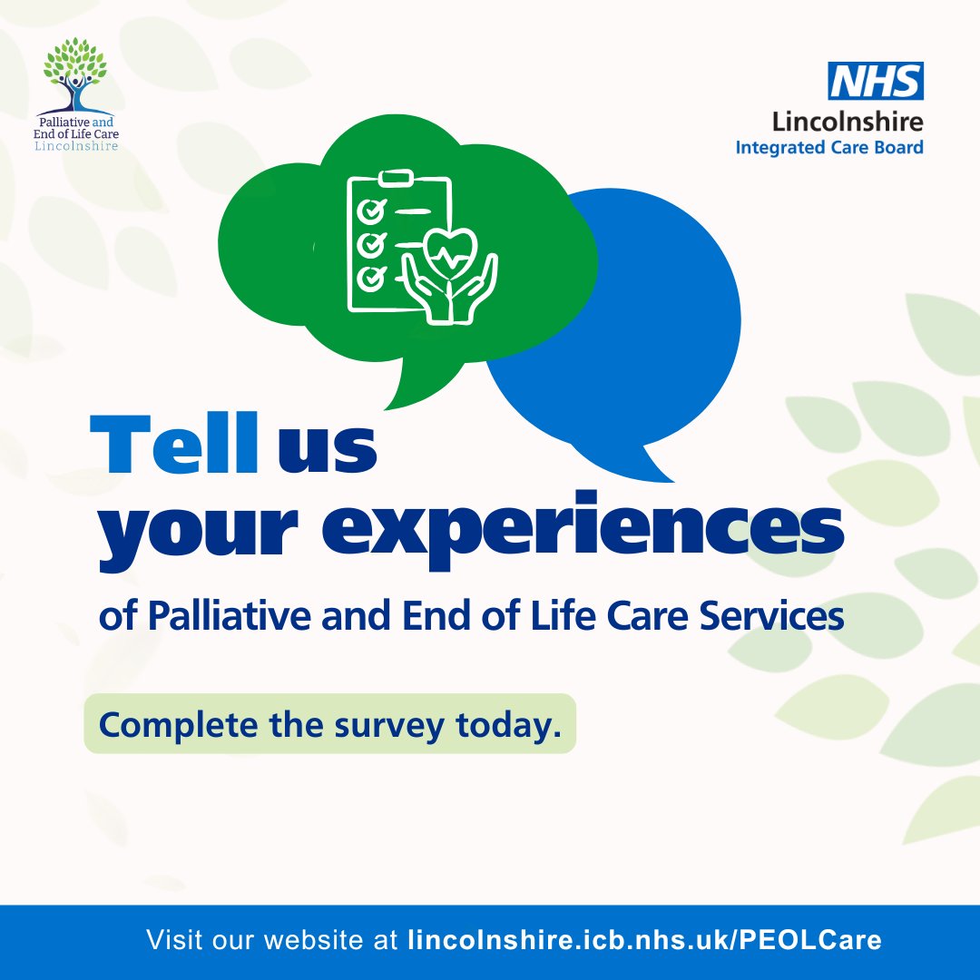 Last chance to share your experience of Palliative and End of Life Care!

If you've supported someone at the end of life in Lincolnshire, your feedback can help improve care for others. <a href="/LPFTNHS/">Lincolnshire Partnership NHS Foundation Trust</a> <a href="/LincsCommHealth/">Lincs Comm Health</a> <a href="/ULHT_News/">NHS United Lincs</a>
Survey open until 30 Sept 2025
🔗 lincolnshire.icb.nhs.uk/peolcare/