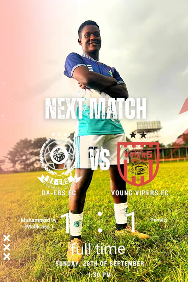 Full-Time at the pitch! ⚽
Da-ebs FC 1⃣ – 1⃣ Young Vipers FC. 
A hard fought battle that ended in draw. 🙂
Our no. 9⃣ Muhammad got on the score sheet for us ⚽🥅 (assisted by Malik)🎯while the visitors equalised with a penalty. 

We go again stronger in our next match! ✊🏽🤍