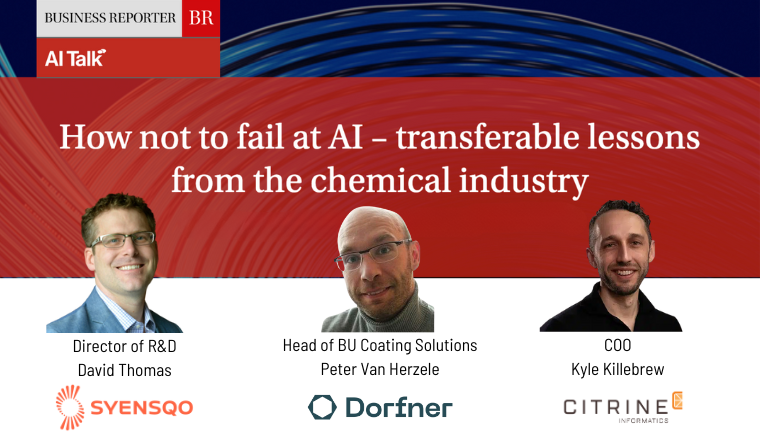 Citrine_io's tweet photo. Last chance to join the AI Talk panel session on "How not to fail at AI". Hear from Director of Research at Syensqo, David Thomas and Citrine Informatics' COO Kyle Killebrew

https://t.co/AirhZHJp8w
#ai #chemicals #Digitaltransformation https://t.co/nQMPxpBQUr