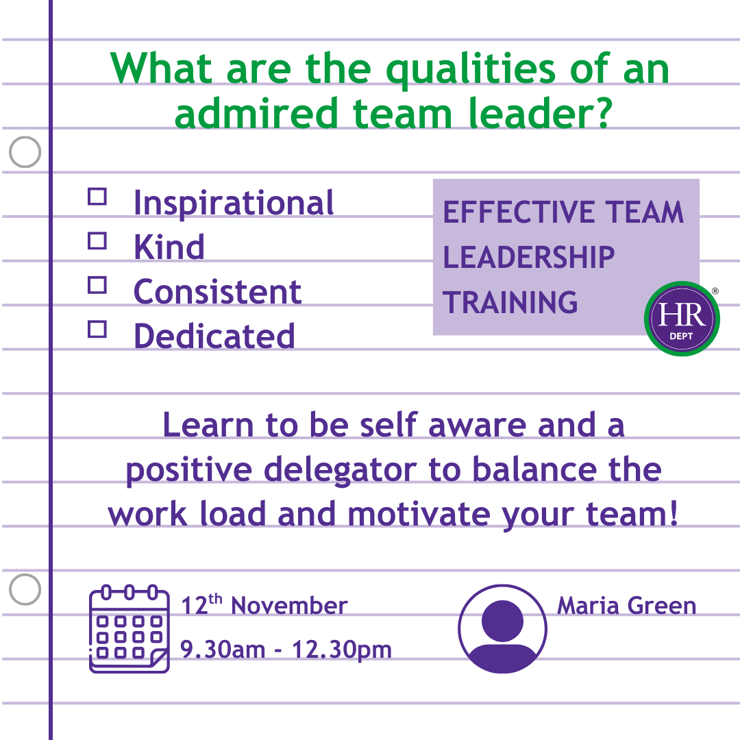 EFFECTIVE TEAM LEADERSHIP WORKSHOP
- 12th November
- 9.30am - 12.30pm
- Online
- Maria Green
- EARLY BIRD OFFER expires end of September

Book Now: hrdept.co.uk/south-london/t…

#TeamLeadership #LeadershipWorkshop #LeadershipSkills #LeadershipDevelopment #HRTraining #HRDeptSouthLondon