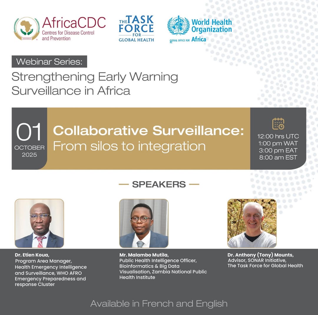 AfricaCDC's tweet photo. Introducing Collaborative Surveillance! @AfricaCDC and partners invite you to a webinar exploring this new approach to public health surveillance. 

Learn what Collaborative Surveillance is, how it strengthens existing systems and tools, and what it looks like in practice at country level.

🗓️ Date: 1 October 2025
🔗 Register here: https://t.co/PJAjJA1PJB

Don’t miss this opportunity to deepen your understanding and be part of the conversation on the future of surveillance in Africa!

#AfricaCDC
