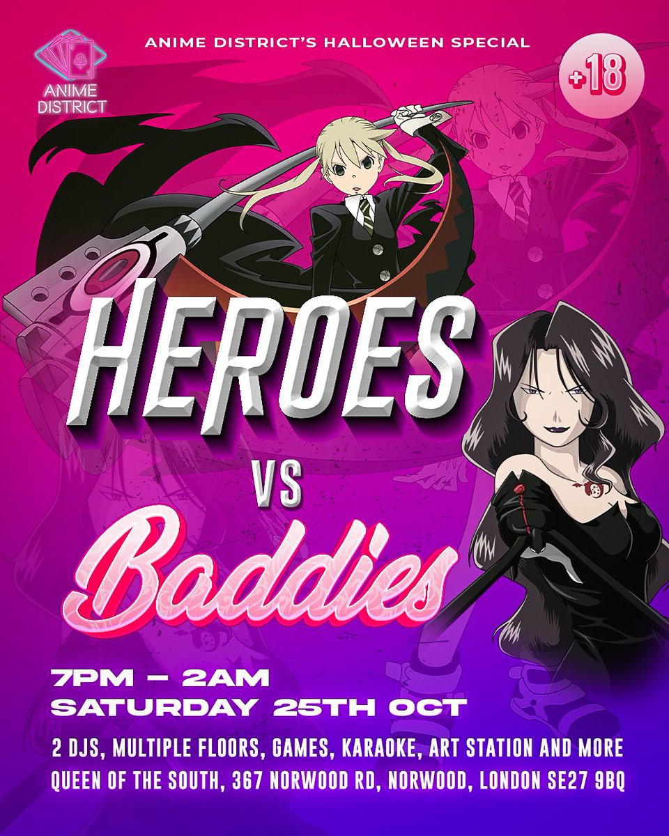 qotspub's tweet image. 👻✨ It’s time to pick a side… HEROES or BADDIES? ✨👻
QOTS is turning into the ultimate Halloween battleground on FRIDAY 25th OCTOBER 🎃 

From 7PM till late Anime District are taking over the pub!
Tickets are live now. Don’t sleep, these are gonna fly.