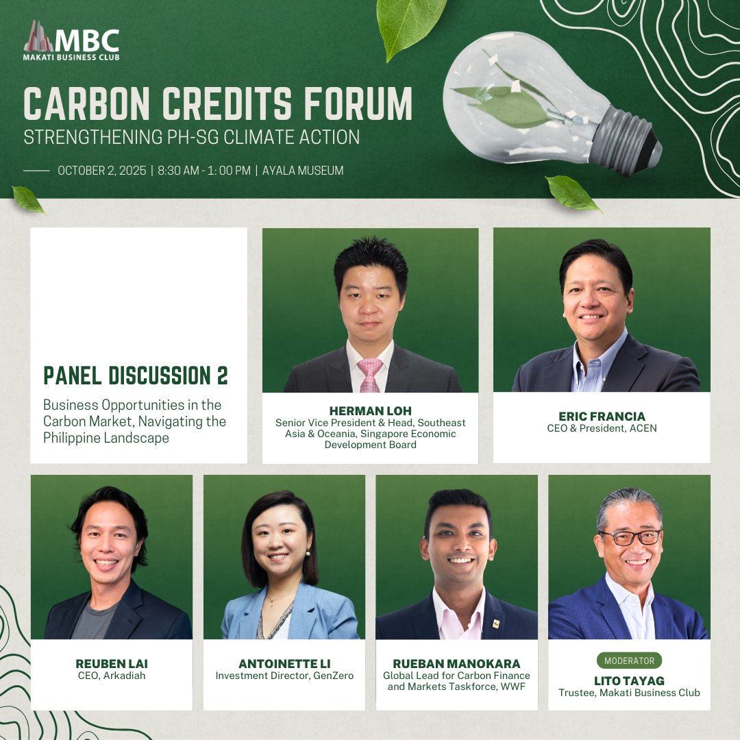 Meet the Speakers for Panel Discussion #2 for the High-Level Forum on Carbon Credits: Strengthening Philippine-Singapore Collaboration for Climate Action on October 2.

Know more about the event here (REGISTRATION IS NOW CLOSED): mbc.com.ph/mbc-carbon-cre…

#MBC #PHSGClimateAction