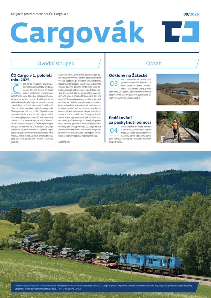 Zářijový Cargovák je tu. Pokračujeme dalšími informacemi o restrukturalizaci naší společnosti, ohlédneme se za provozem odklonových vlaků na Plzeňsku. Více na cdcargo.cz/?wpdmdl=10729&…
