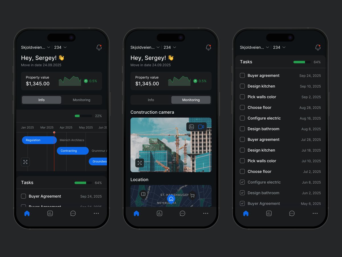 Our design squad created a dark mode dashboard concept for construction project tracking 🏗️📱 lnkd.in/dAVmJneq
Real-time property value checks 
Step-by-step project timeline 
Well-structured tasks and agreements 
Got a similar project? Let's talk 📩
#App #UXUI #UXDesign