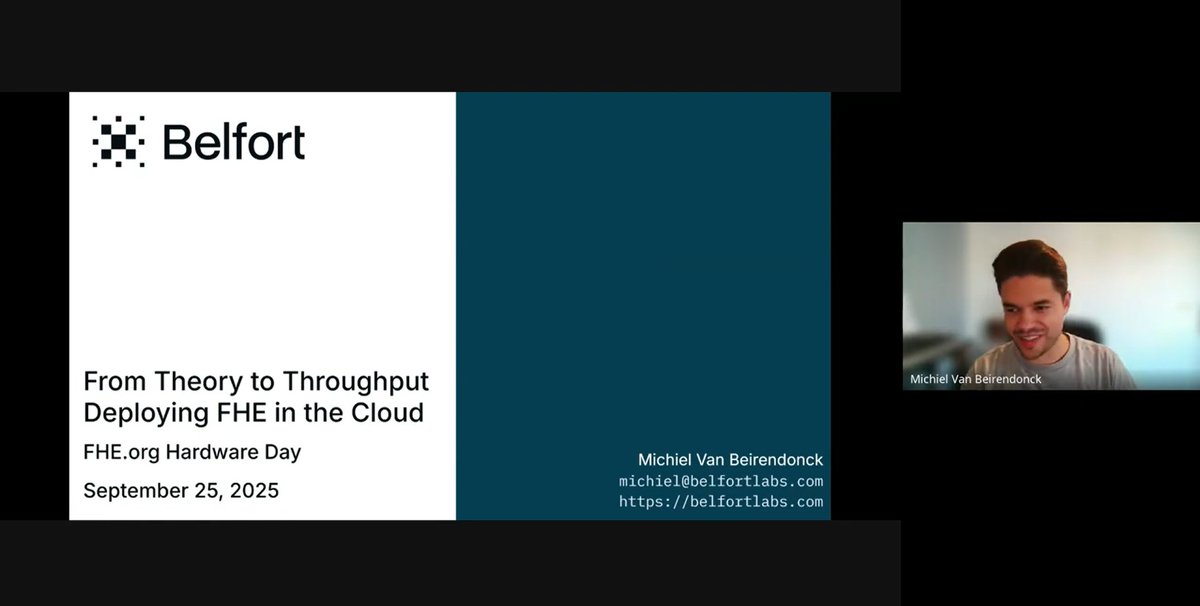 fhe_org's tweet image. Miss the @fhe_org Hardware Day 2025 presentation &quot;Belfort - From Theory to Throughput: Deploying FHE in the Cloud&quot; by Michiel Van Beirendonck (Belfort)? 

Not to worry, all presentations were recorded and available on the @fhe_org Youtube!

#FHE #homomorphicencryption…