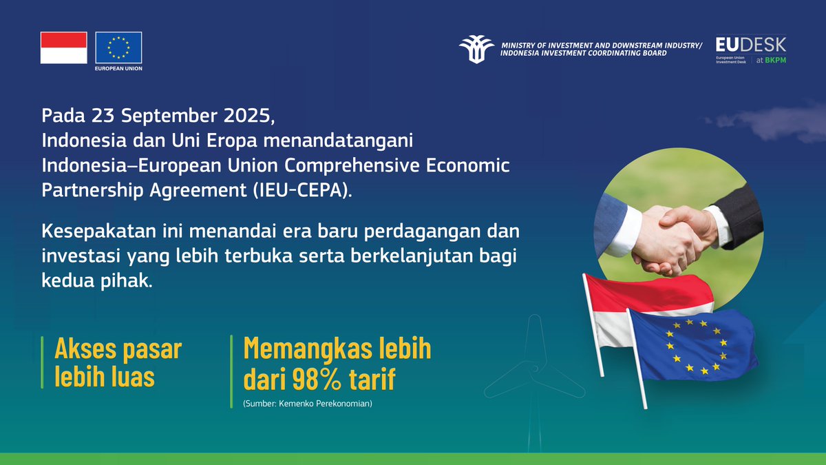 uni_eropa's tweet photo. IEU-CEPA positions Indonesia as a key EU partner in ASEAN, strengthening supply chains &amp; opening doors for tech transfer and industrial ties. The EU Investment Desk at BKPM promotes best-practice exchange &amp; policy dialogue to help businesses compete globally. ✉️ eudesk@bkpm.go.id https://t.co/HXl2U4O1Nv