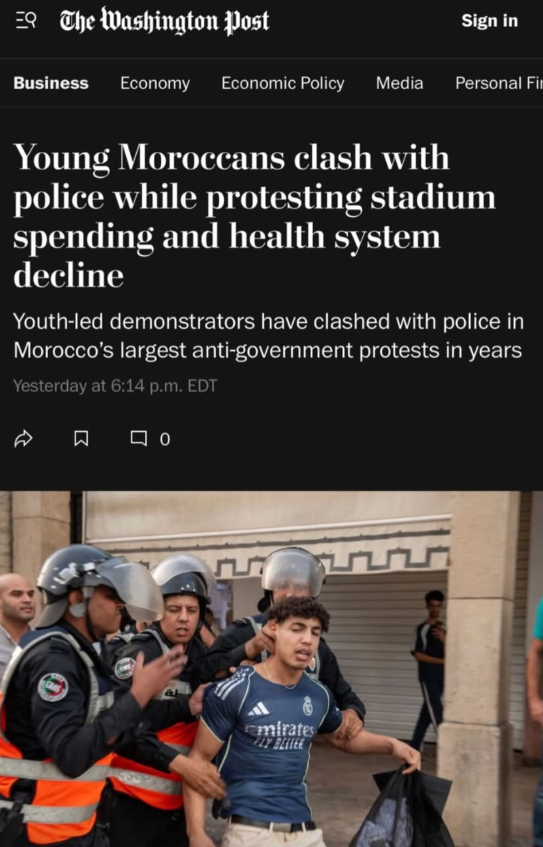 Morocco’s youth just launched #GenZ212: a protest wave demanding basic rights : healthcare &amp; education, while billions are funneled into stadiums &amp; mega-projects for the 2030 worldcup. 

and they're getting brutally silenced by the Moroccan Military and Police. 

It mirrors