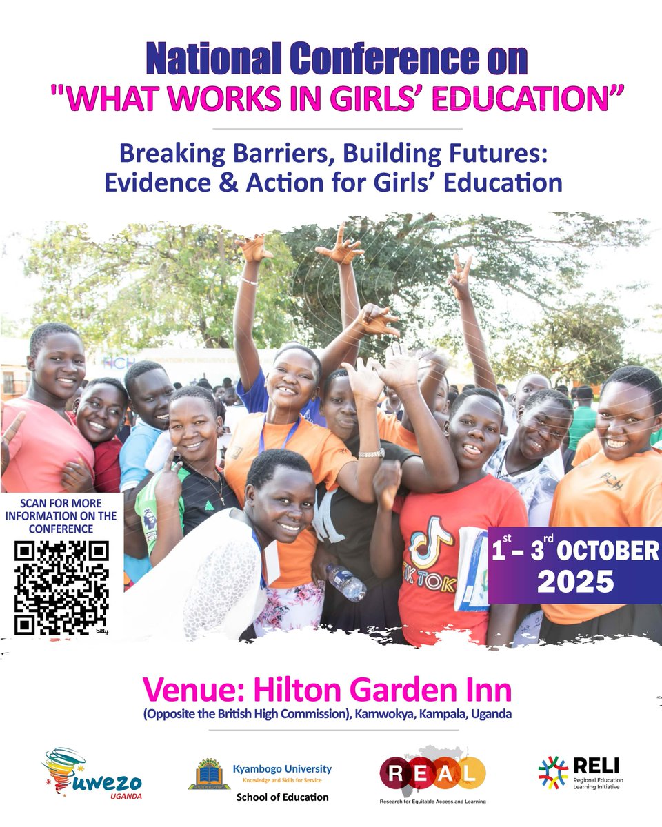 We are just 1 Day away from our highly anticipated National Conference on "What Works in Girls’ Education," under the theme "Breaking Barriers, Building Futures: Evidence &amp; Action for Girls’ Education." The event is organised by <a href="/UwezoUganda/">Uwezo Uganda</a>, in partnership with Kyambogo