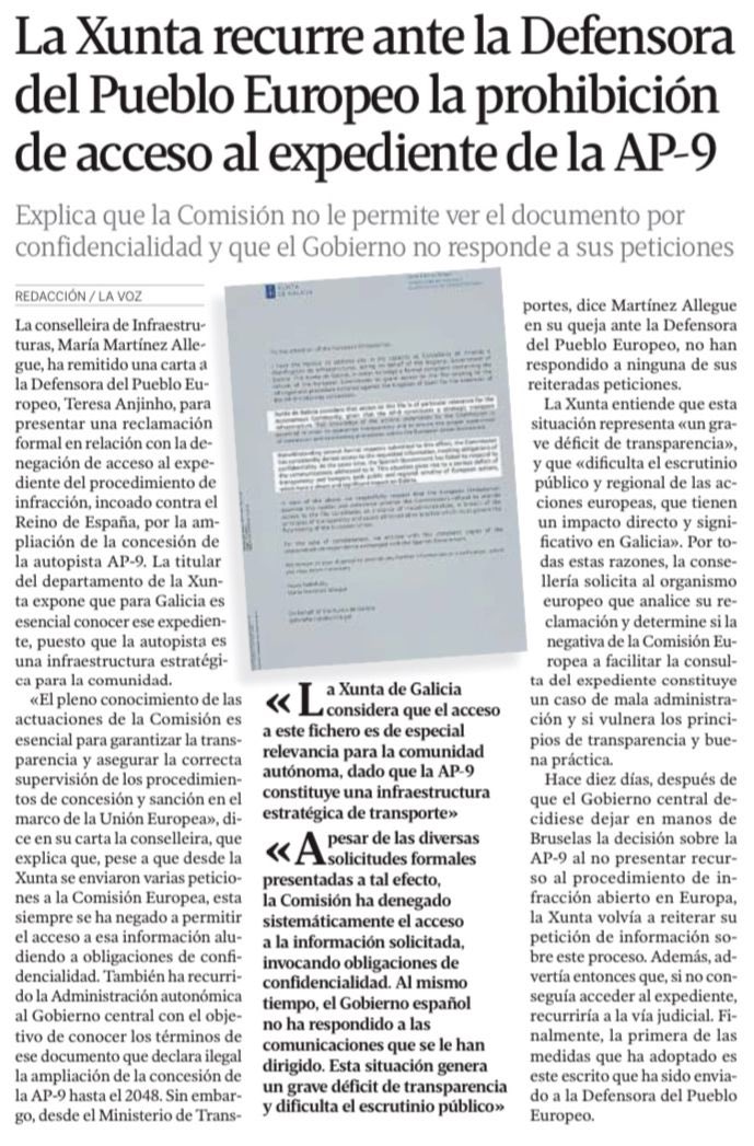 Reclamamos al Defensor del Pueblo Europeo el expediente sobre la AP-9 que el Gobierno nos oculta. 

Lo hemos pedido por carta y en sede parlamentaria. Y lo defenderemos donde haga falta.

Los gallegos tiene derecho a conocer que está pasando con este asunto central para Galicia.