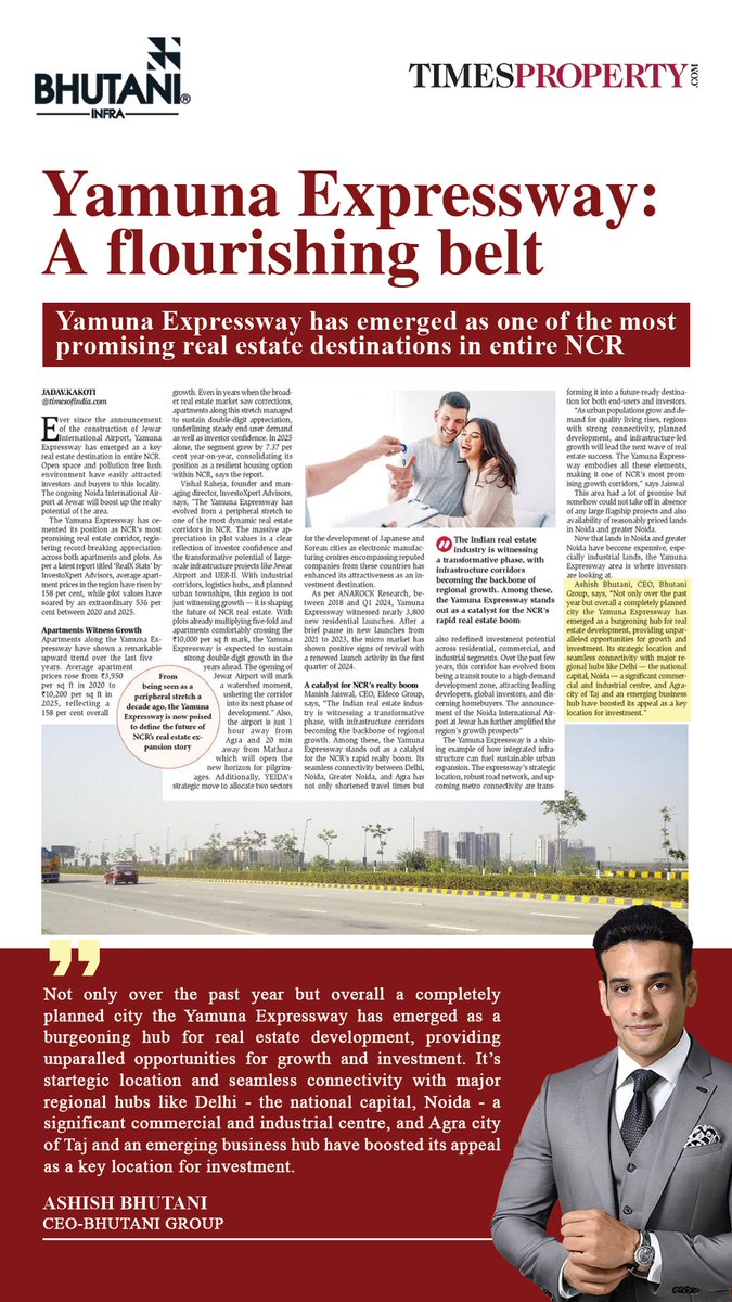 From a peripheral stretch to a flourishing hub 🌆 – the Yamuna Expressway is now redefining NCR’s real estate &amp; investment potential. 💼✨

#BhutaniInfra #FutureReady #InvestmentHub