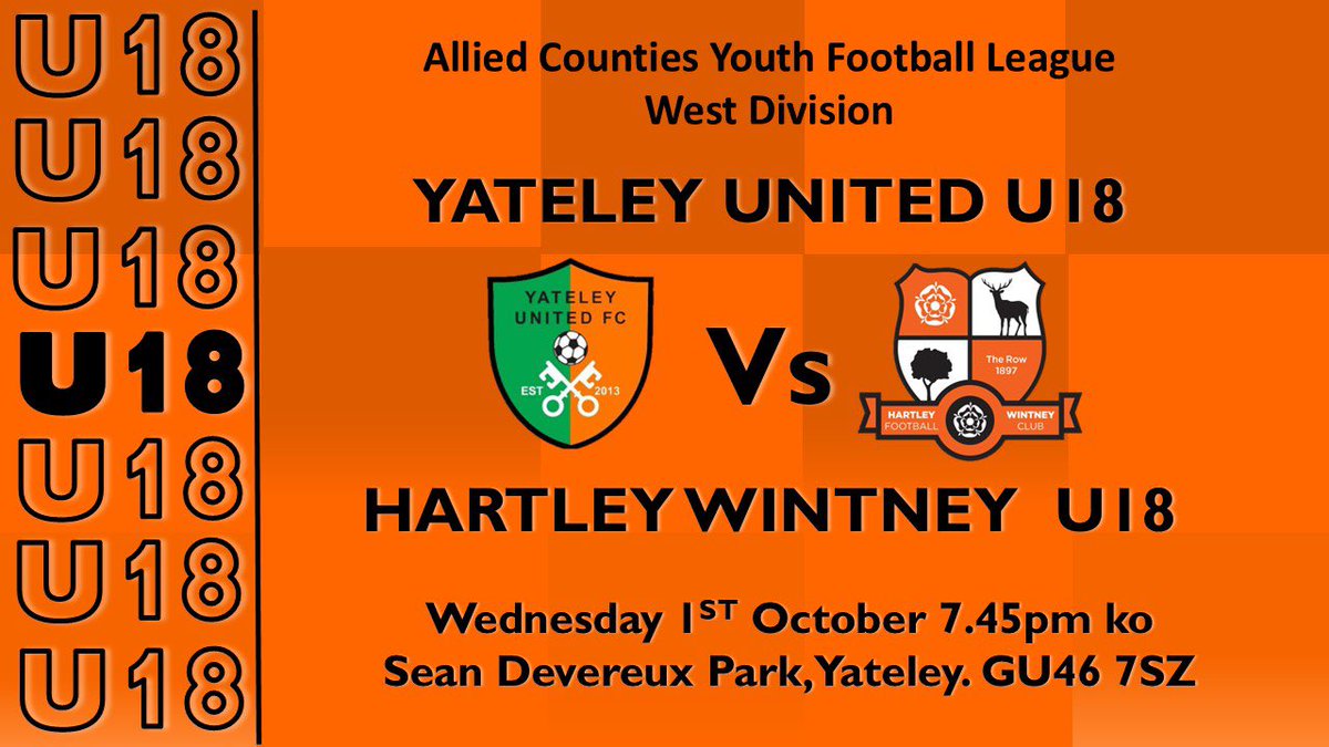 HartleyFC's tweet photo. Just one midweek game this week, Wednesday night for the U18’s

@ACYFLofficial West Division

@YateleyUtdFC U18 vs @HartleyFC U18

🗓️Weds 1st Oct
📍GU46 7SZ
⏱️7.45pm ko
🎟️Adult £3
🎟️Concession £2
🎟️U16 Free

Clubhouse open from 6.15pm

Get along and back the boys! 

#UTYR🧡 https://t.co/0wsTAZB5eD