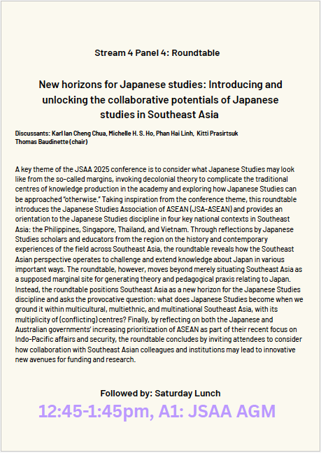 michellehsho's tweet photo. I will also join this @Japanfoundation-sponsored roundtable, New Horizons for #JapaneseStudies: Introducing and Unlocking the Collaborative Potentials of #JapaneseStudies in #SoutheastAsia
📅Oct 4 (Sat)
⏰11am-12:30pm
📍New Horizons, Oorala Lecture Theatre
#JSAA #JSAA2025 https://t.co/Q3jwOFGzNi