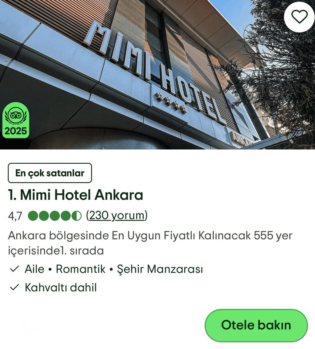 ✨ Gururla duyuruyoruz! ✨

2024 ve 2025 yıllarında TripAdvisor’da “Ankara’nın En İyi Oteli” seçildik.

Şimdi ise “En Çok Satan Otel” rozetimizi de alarak başarımızı taçlandırdık. 🏆

Teşekkürler değerli misafirlerimiz. 💙

#Tripadvisor #BestHotel #MostBooked <a href="/UluerGroup/">Uluer Group</a>