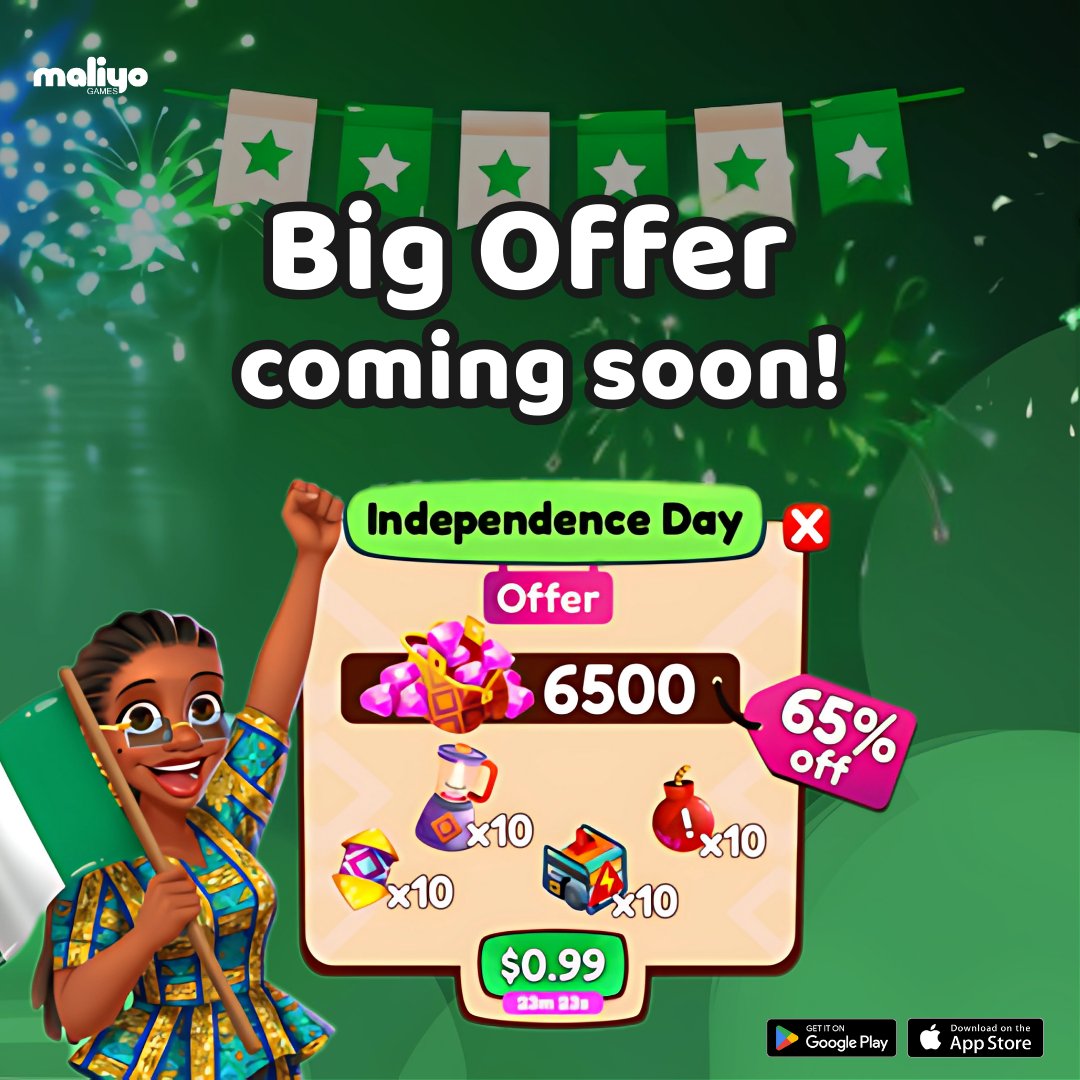 🇳🇬 Nigeria is turning 65.

Safari City is celebrating with a 65% OFF Independence Offer 🎉💎
Live on October 1st — boosters, gems &amp; power-ups for just $0.99.
Are you ready? 👀
#NigeriaAt65 #SafariCity #MaliyoGames
