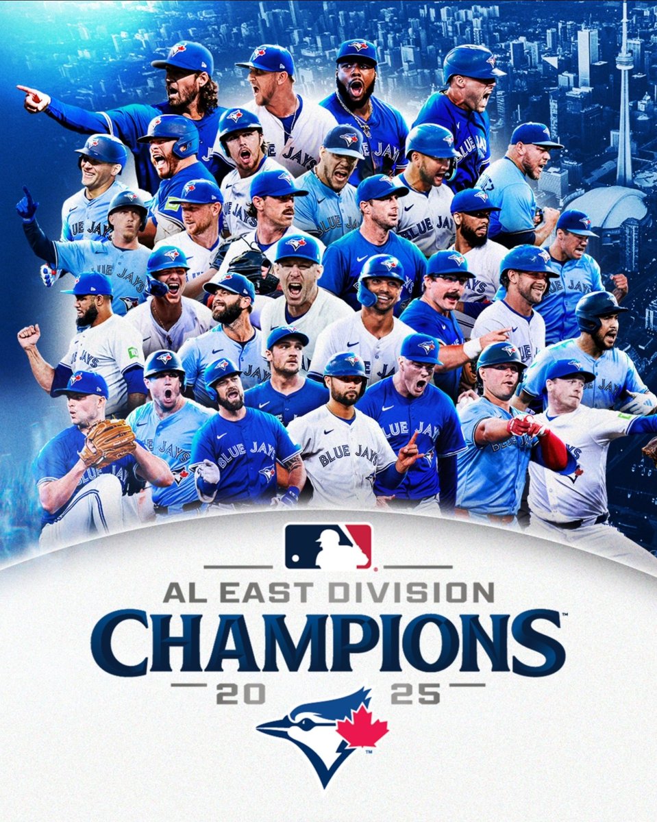 BlueJayCentral's tweet photo. The Toronto Blue Jays are the 2025 American League East Champions. #LetsGoBlueJays #BlueJays 🍁 https://t.co/0P7GSugsCG