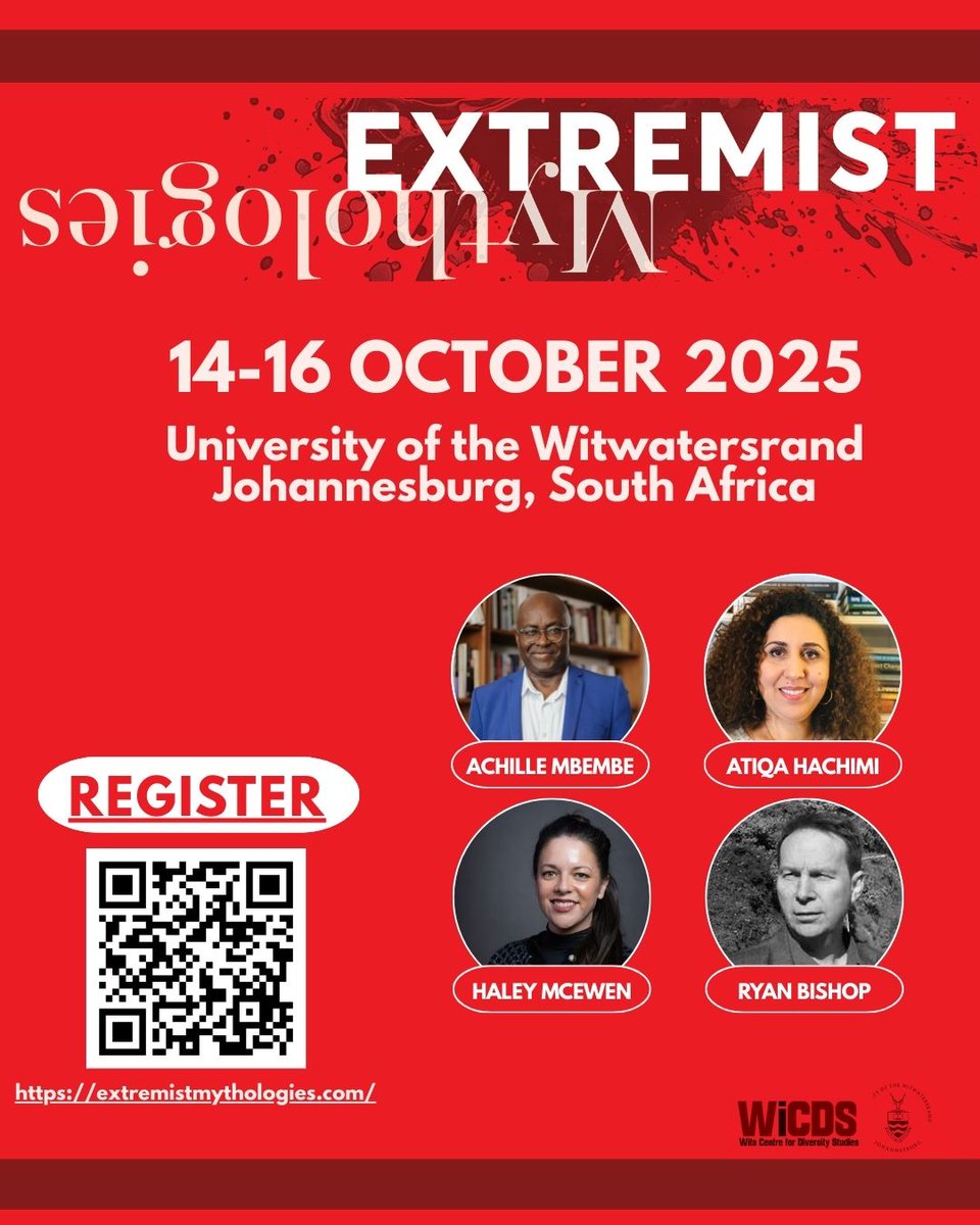 The Wits Centre for Diversity Studies (WiCDS) is hosting its 11th Annual Conference on the theme: "Extremist Mythologies".

📍From October 14 to 16 | Wits University (Johannesburg)

🔗 Register here: extremistmythologies.com

#WiCDS2025 #ExtremistMythologies #AnnualConference