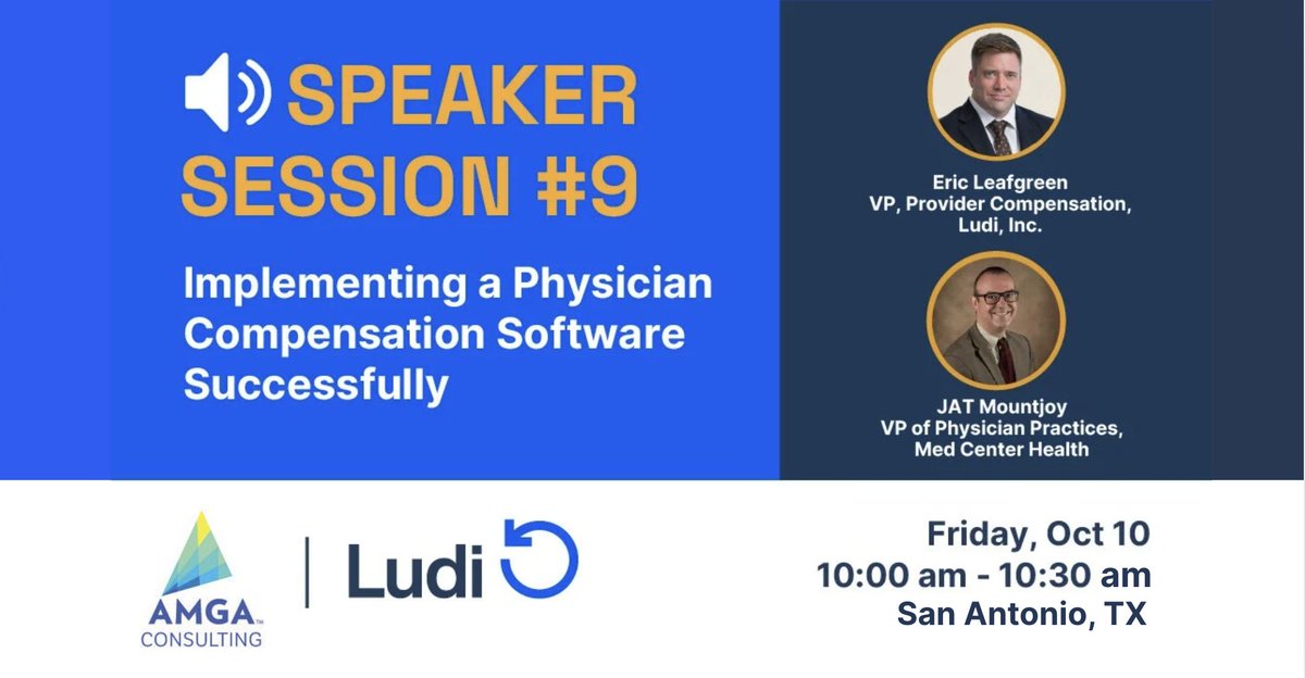 DocTimeLog's tweet image. Our VP of Provider Compensation, Eric Leafgreen, will present with JAT Mountjoy of MedCenter Health at AMGA’s 2025 Annual Compensation & Operations Improvement Meeting.
Join their Oct. 10 session on implementing physician compensation software successfully.