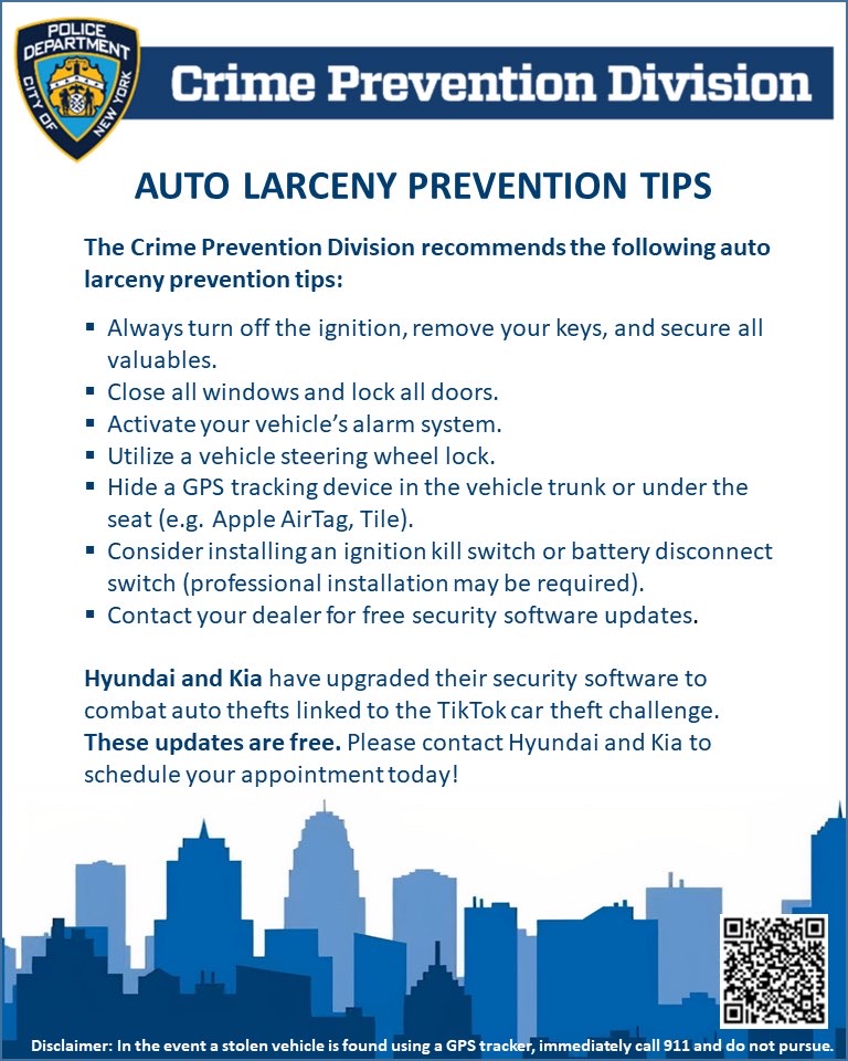Auto thefts are on the rise across NYC. 
Lock your doors, remove valuables, and check out the tips in the flyer below to keep your car safe.

Hyundai &amp; Kia owners: contact your dealer for free security updates. Let’s protect our community together.